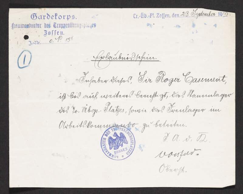 Pass in German relating to Roger Casement,