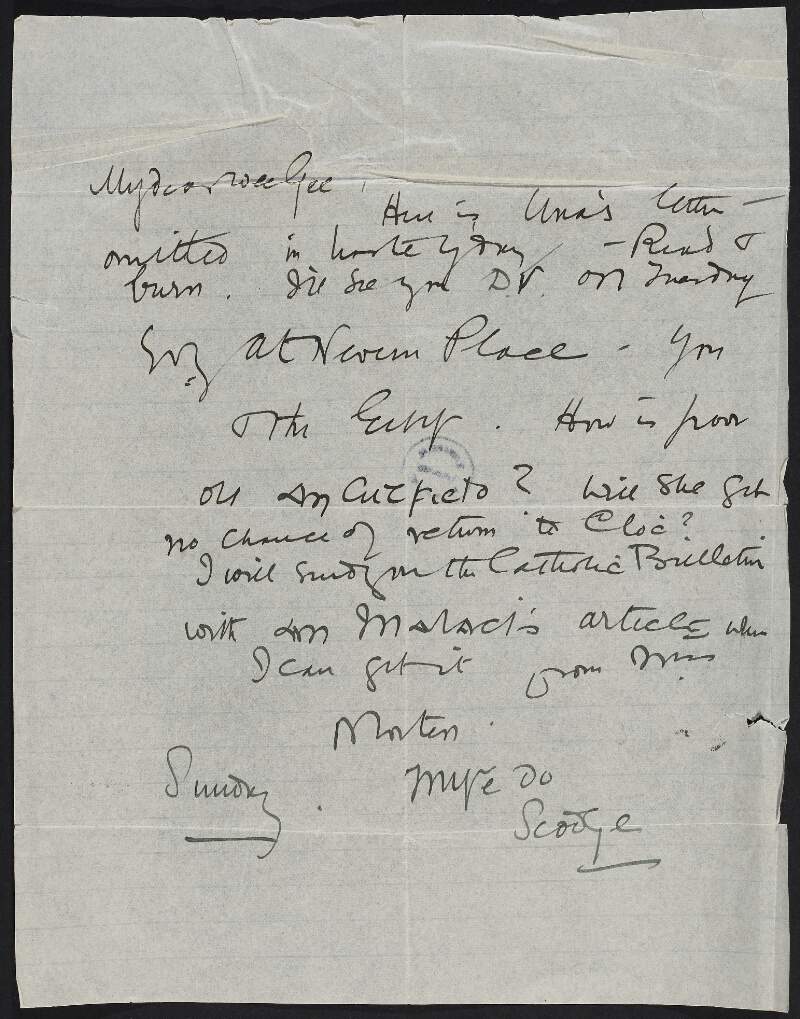 Letter from Roger Casement to Gertrude Bannister enclosing Una Ní Fhaircheallaigh's letter and the Catholic Bulletin with "An Malaci's" article, and arranging to meet on Tuesday,