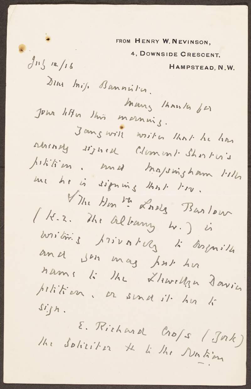 Letter from Henry Nevinson to Gertrude Bannister informing her of those who are and are not signing the petitions of Llewelyn Davies, George Bernard Shaw and the Native Race,