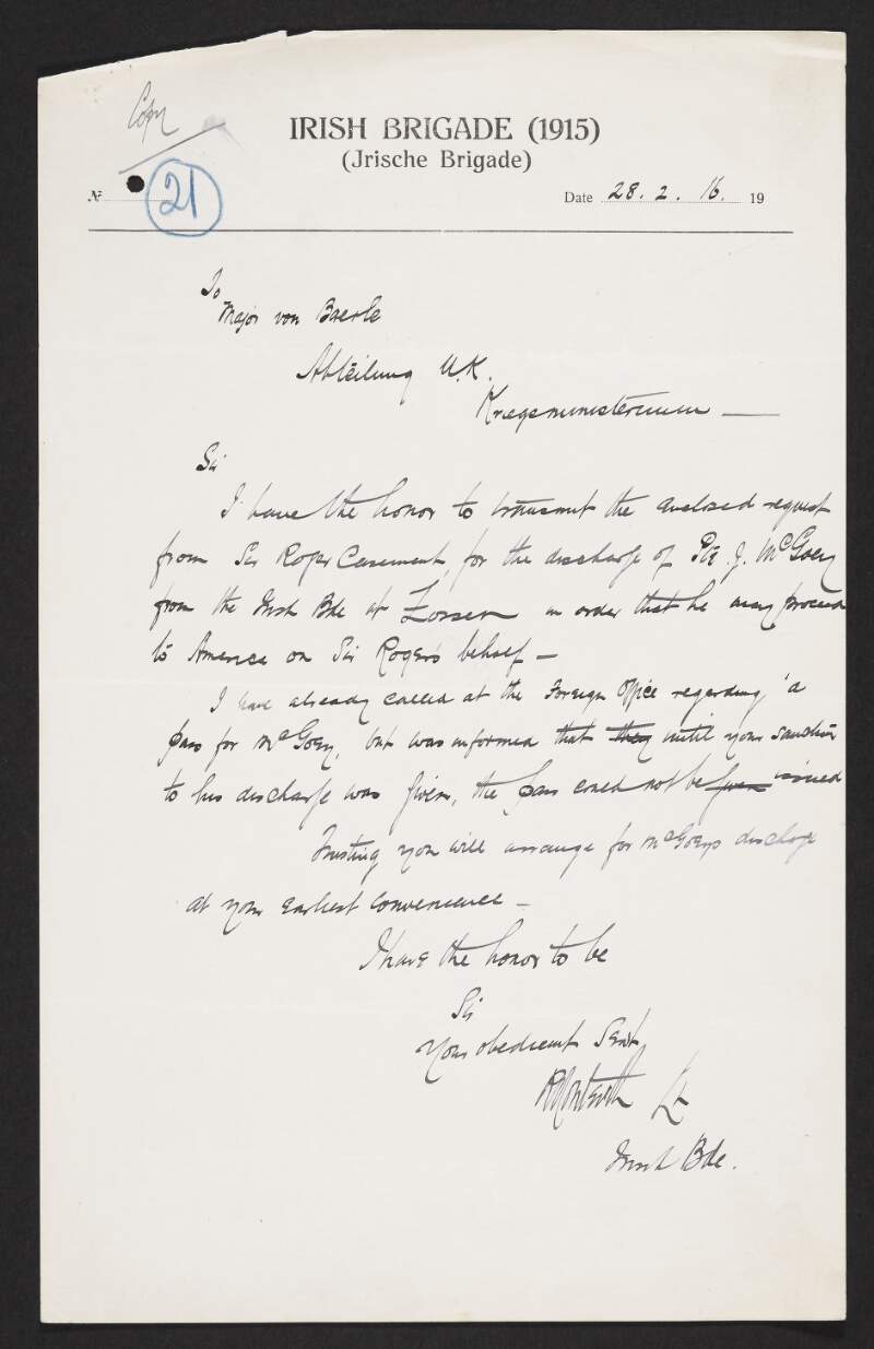 Letter from Robert Monteith to Major von Baerle requesting his permission to release John McGoey from the Irish Brigade to assist Roger Casement,