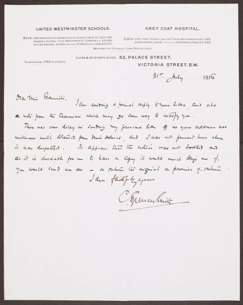 Letter from C. Spencer Smith to Gertrude Bannister regarding a delay in sending her letters due to not having her address and informing her the notice was not booked so therefore requesting she send him a copy of the notice,