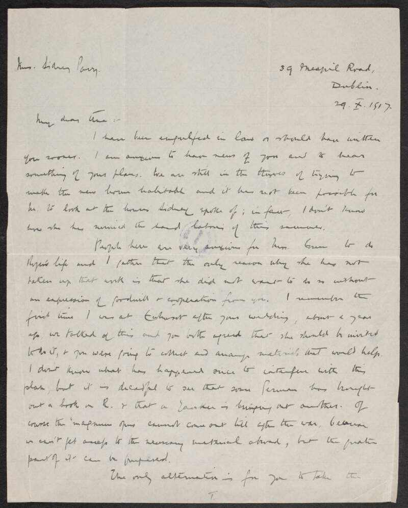 Letter from George Gavan Duffy to Gertrude Bannister [Parry] regarding writing a book on Roger Casement's life, recommending Alice Stopford Green to do it as agreed, and imploring her not do it herself,