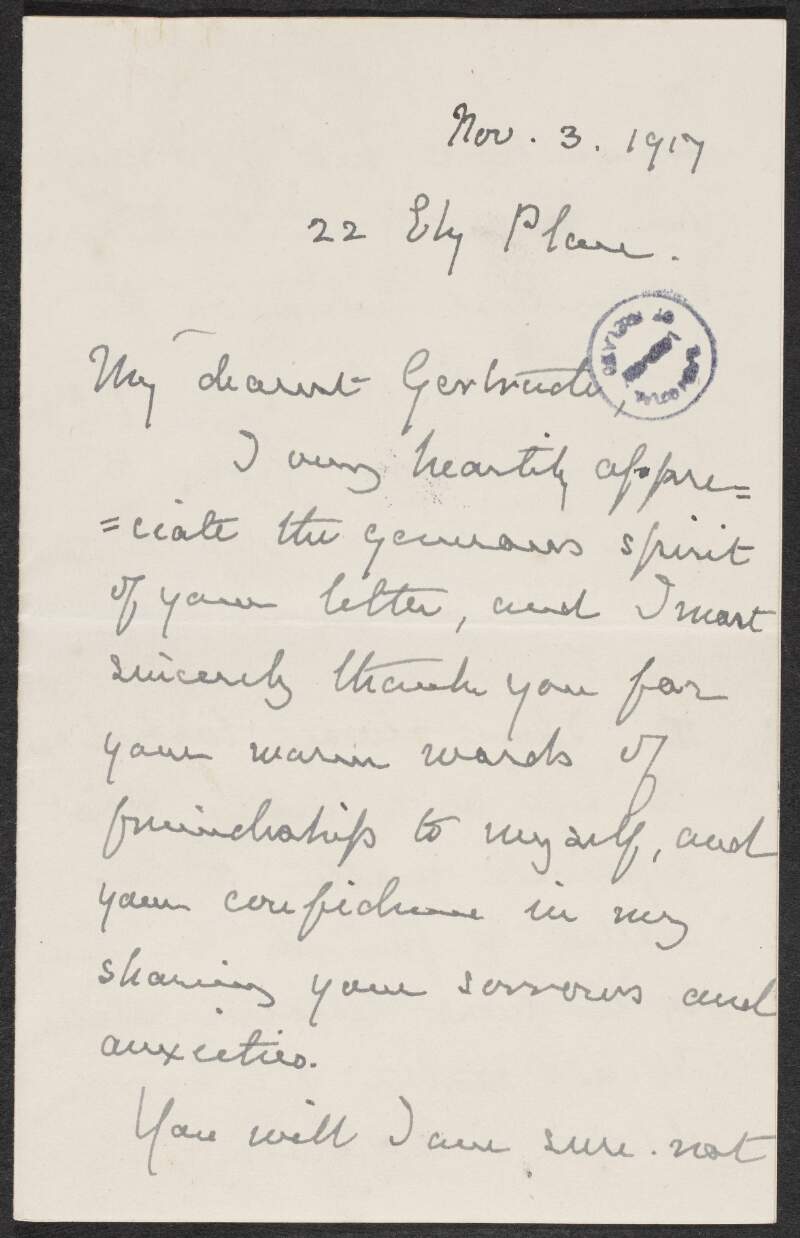 Letter from Alice Stopford Green to Gertrude Bannister [Parry] regarding a book on the life of Roger Casement, recommending the author of the book be chosen by the "leaders", and informing her that she did not originally want to be included as a possible author due to her own work committments,