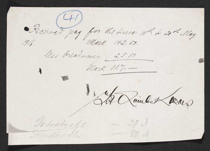 Receipt from Timothy Quinlisk for pay,