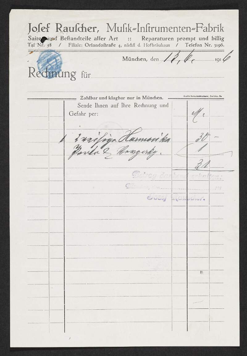 Receipt issued to Thomas St. John Gaffney for the purchase of a harmonica and other items,