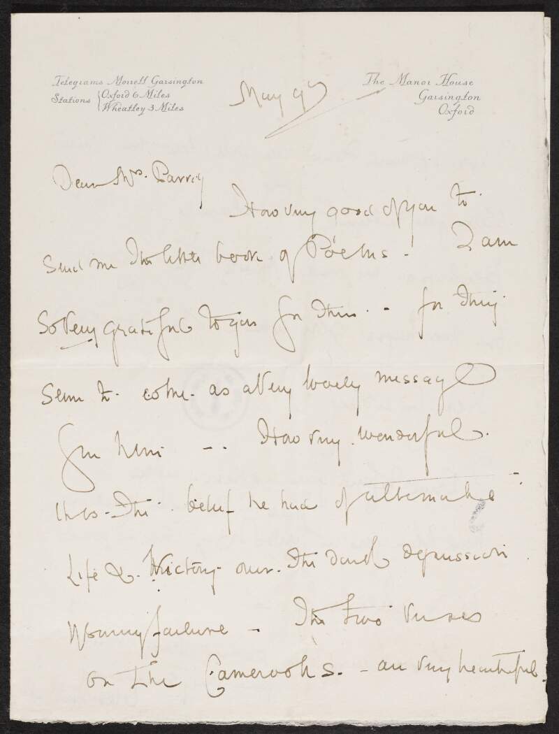 Letter from Lady Ottoline Morrell to Gertrude Bannister [Parry] thanking for the little book of poems, discussing various poems from the book and also arranging to meet one day,