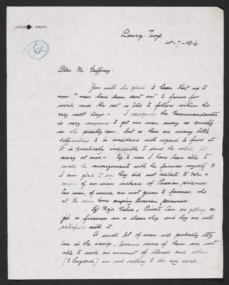 Letter from Louis J. Hahn to Thomas St. John Gaffney regarding his efforts to secure employment for members of the Irish Brigade outside their camp at Danzig,