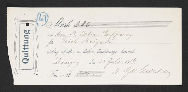 Receipt from Franz H.J. Zerhusen to Thomas St. John Gaffney for wages for the Irish Brigade,