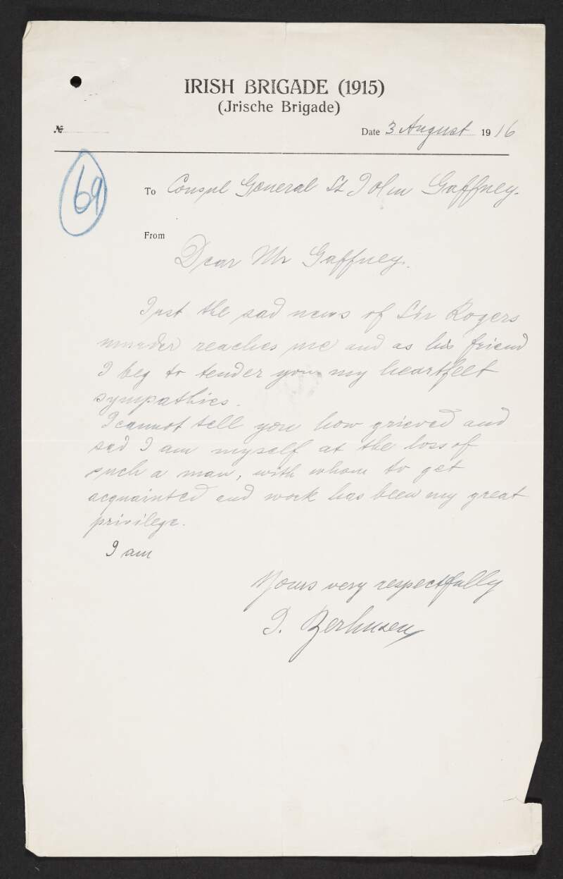 Letter from Franz H.J. Zerhusen to Thomas St. John Gaffney expressing his sympathy on the death of Roger Casement,