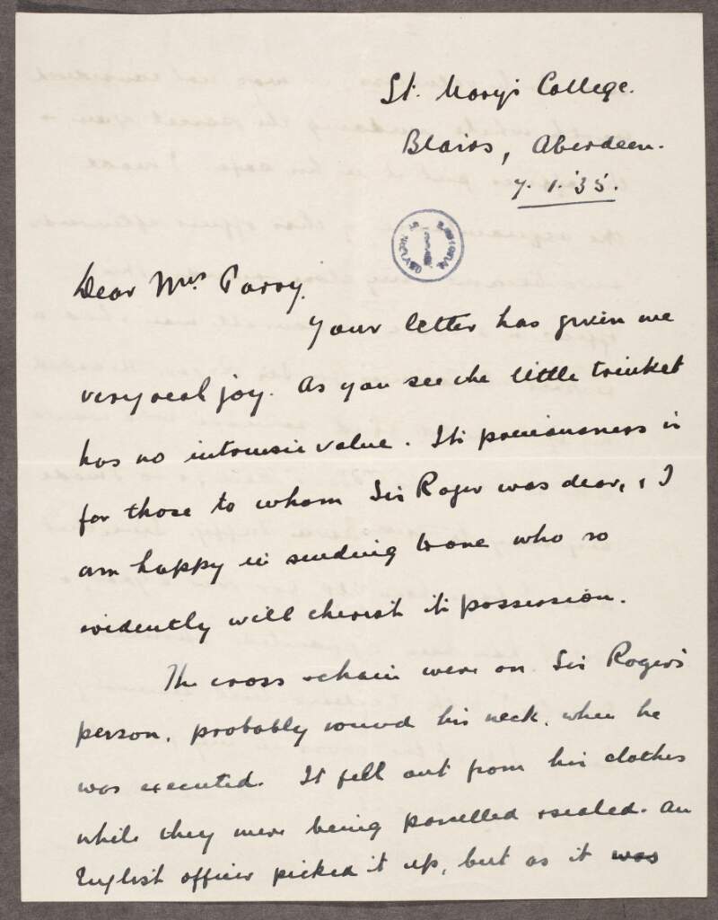 Letter from Joseph C. Long to Gertrude Bannister [Parry] enclosing a cross and chain that belonged to Roger Casement and which came into his possession following his execution when it fell from his clothing and kept safe by an officer,