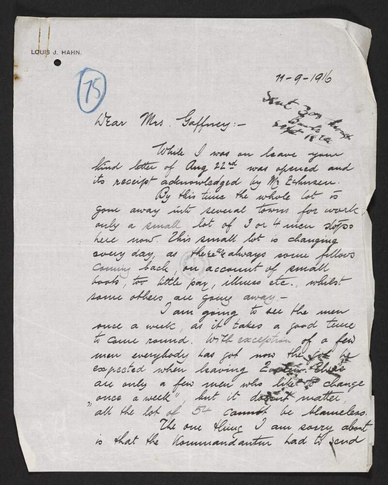 Letter from Louis J. Hahn to Mrs. Thomas St. John Gaffney describing the current employment of members of the Irish Brigade and informing her that most members are behaving well,