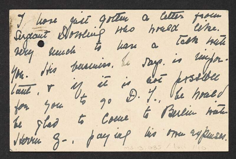 Postcard from a member of the Irish Brigade to Thomas St. John Gaffney asking him to arrange to meet Joseph Dowling,