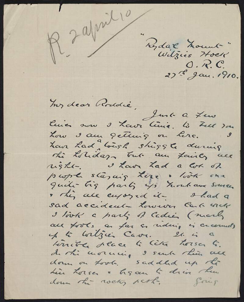 Letter from Tom Casement to Roger Casement discussing group trips he took up the mountains and an incident with one of his horses, and enquiring about a promise made between them concerning payment by Roger of one year's rent to Tom,