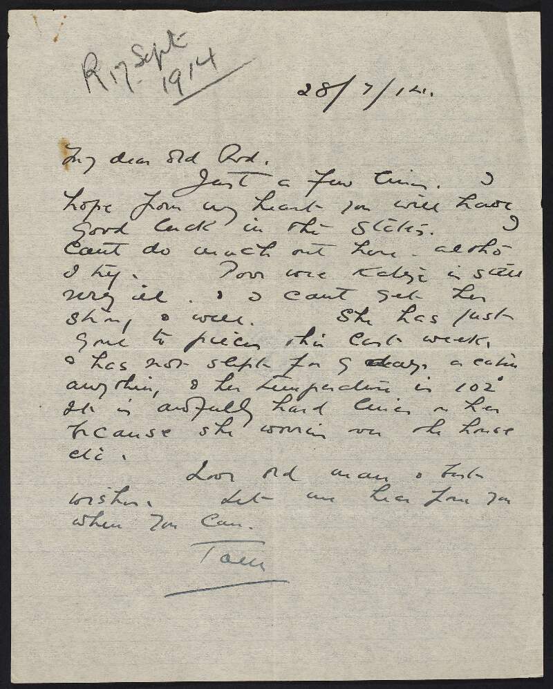 Letter from Tom Casement to Roger Casement wishing him luck in the United States, and discussing Katje's ill health,