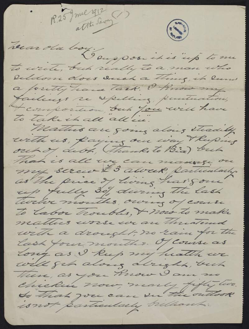 Letter from Charlie Casement to Roger Casement discussing his financial situation and the cost of living, the dress in Melbourne, requesting a photograph of him, enquiring as to why he didn't visit when he was in Japan andhis opinion on the Home Rule Bill,
