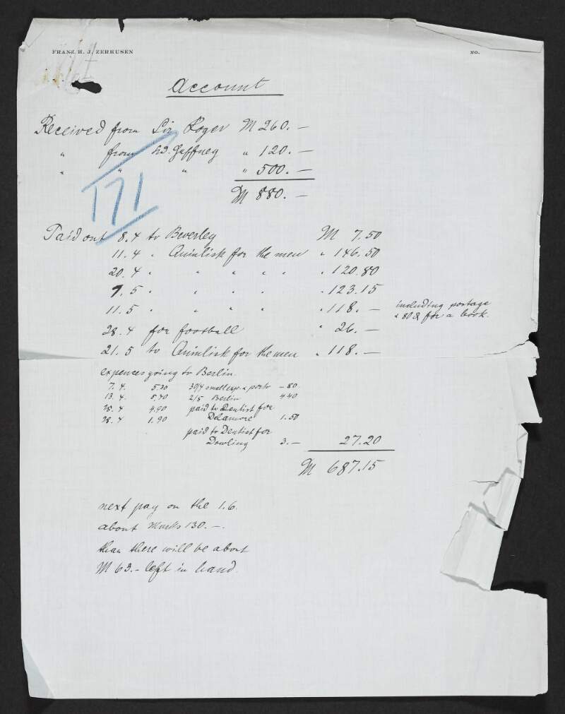 Financial accounts by Franz H.J. Zerhusen relating to the Irish Brigade,