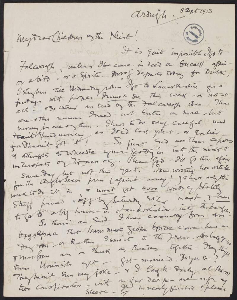 Letter from Roger Casement to Gertrude and Elizabeth Bannister stating he cannot visit Falcarragh, that he is writing two articles for the 'Anglo-Saxon Press', and that Agnes Newman has lost her savings to the "Selfridge Business",
