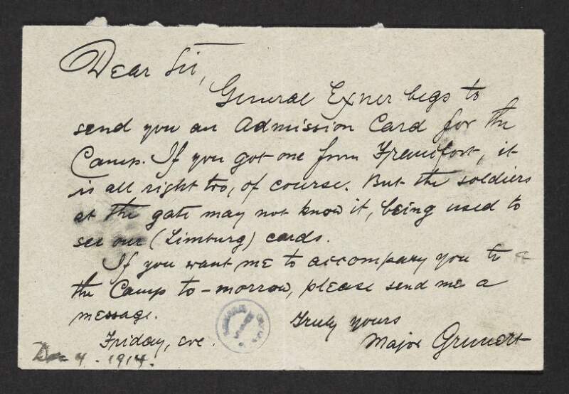 Letter from Major Grunert of the German Army to Roger Casement regarding his admission card to visit Irish prisoners at Limburg,