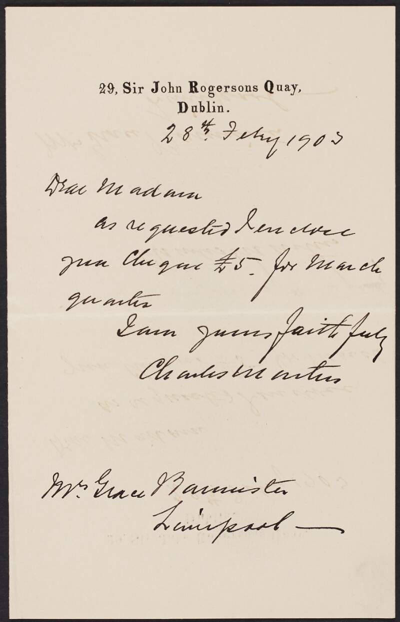Letter from Richard Martin & Co. to Grace Bannister enclosing cheque of £5,