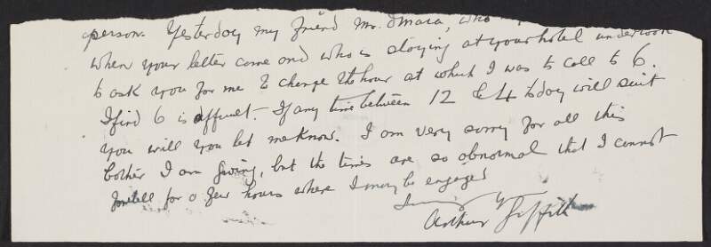 Partial letter from Arthur Griffith to Roger Casement arranging a time to meet,