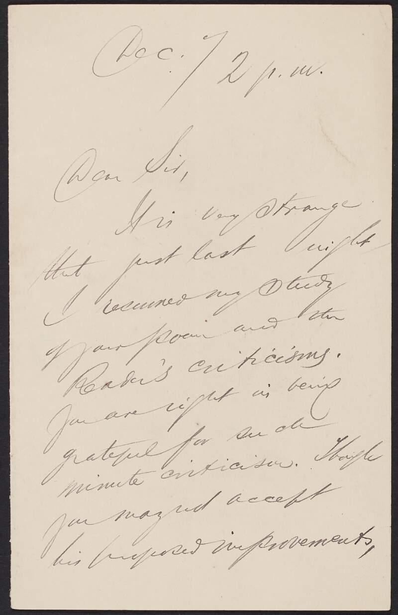 Letter from Matthew Russell to Roger Casement regarding a reader's constructive criticism and proposed improvements of Casement's poem,
