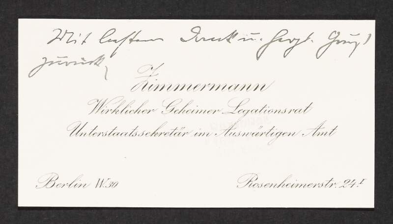Business card of Arthur Zimmermann with a note to Roger Casement,