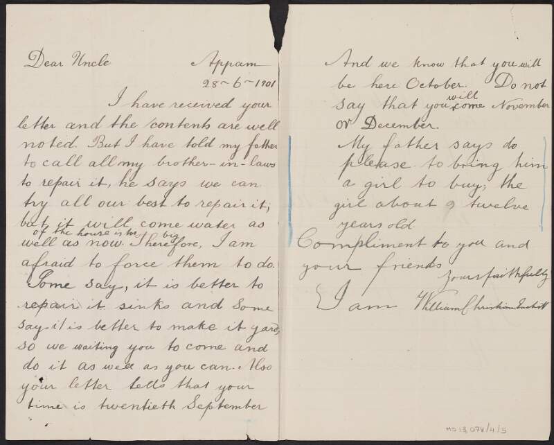 Letter from "William [Christian-Inchill?]" to Roger Casement regarding a repair job at his house, buying a young slave girl and religion,