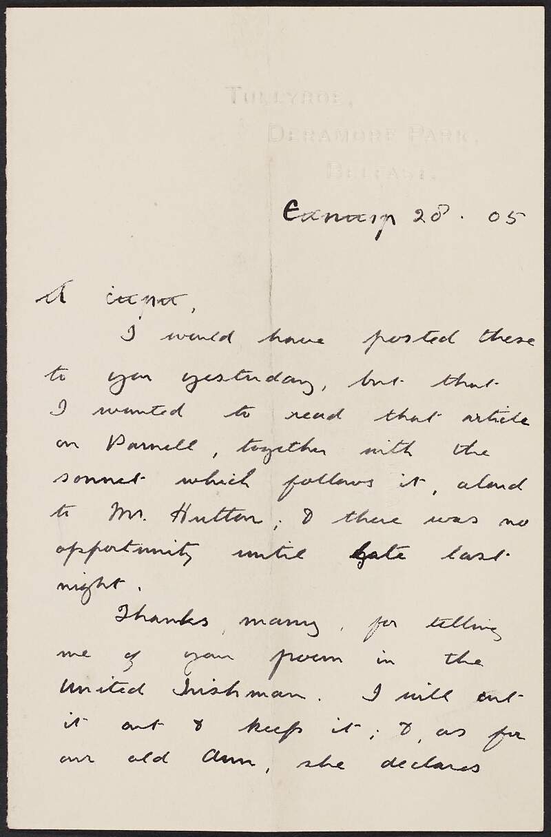 Letter from Máire Bean Artuir Hutton to Roger Casement discussing various publications and also Casement's poem published in the 'United Irishman',