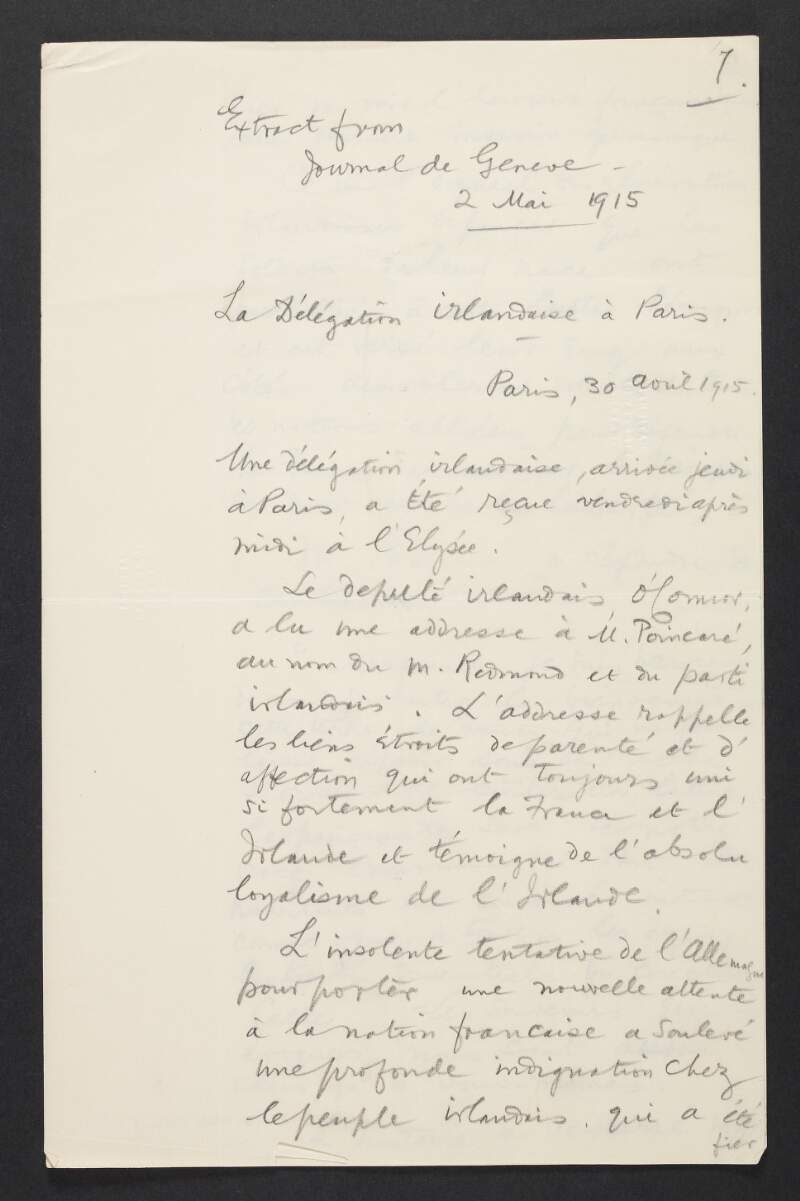 Extract from the 'Journal de Geneve' regarding the Irish Party's delegation to Paris,
