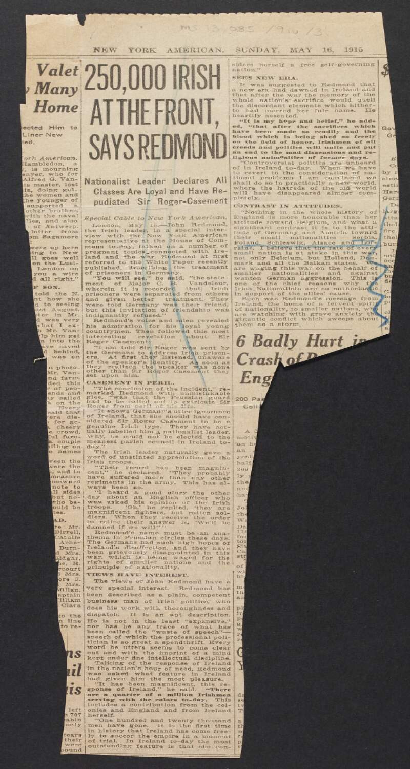Newspaper cutting from the 'New York American' regarding Irish men fighting in the English Army,