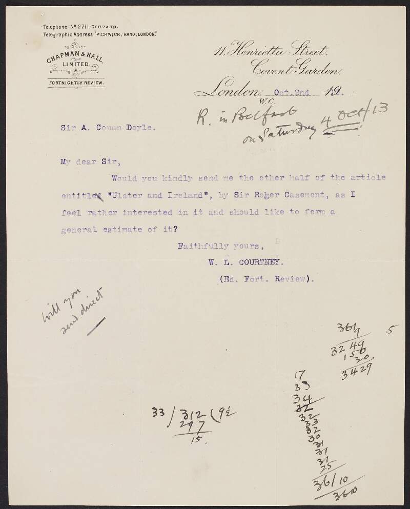 Letter from William L. Courtney to Sir Arthur Conan Doyle requesting he send him the other half of Roger Casement's article entitled 'Ulster and Ireland',