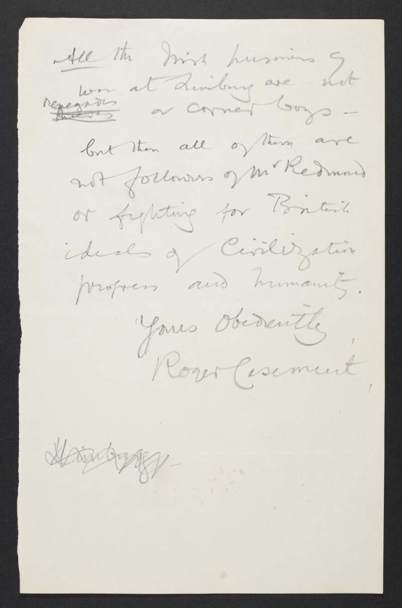 Partial copy letter from Roger Casement to an unidentified recipient regarding the Irish Brigade,