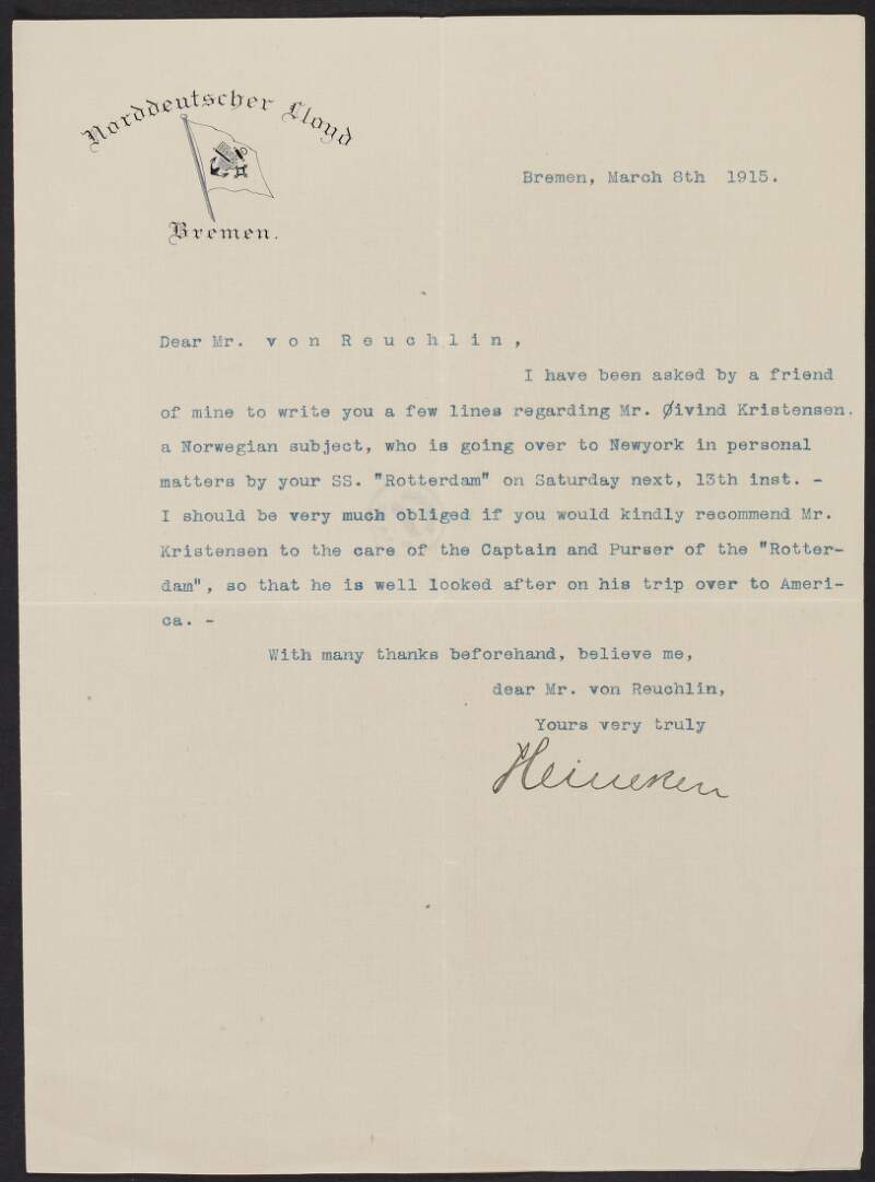 Letter from Phillip Heineken to "Mr. von Reuchlin" requesting he recommend Adler Christensen to the care of the Captain and Purser of the SS. Rotterdam on his journey to New York,