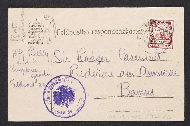 Card from Henry J. Reilly to Roger Casement informing him that he is in Austria-Hungary and has been to the Russian front there,