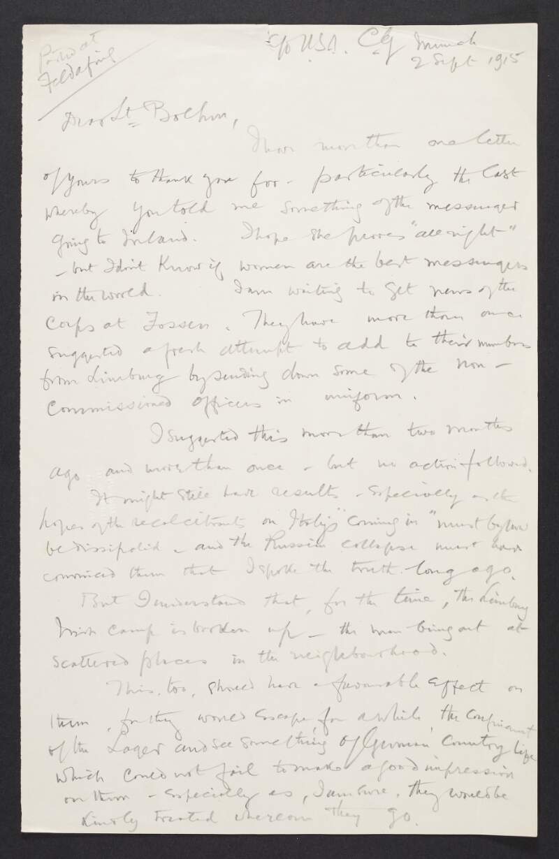 Draft letter from Roger Casement to Lt. Hans Boehm regarding a plan to recruit more men to the Irish Brigade from Limburg prison camp and his hopes to be able to do some practical work for Ireland soon,