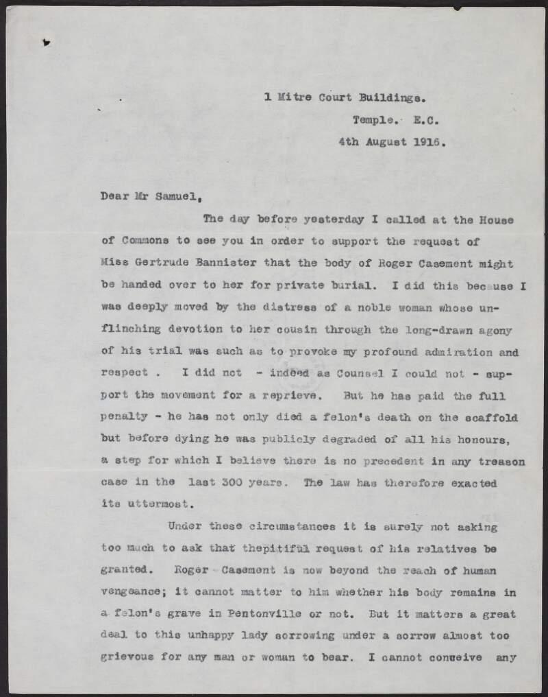 Letter from J. H. Morgan to Herbert Samuel supporting the request of Gertrude Bannister that the body of Roger Casement be handed over to her for a private burial,