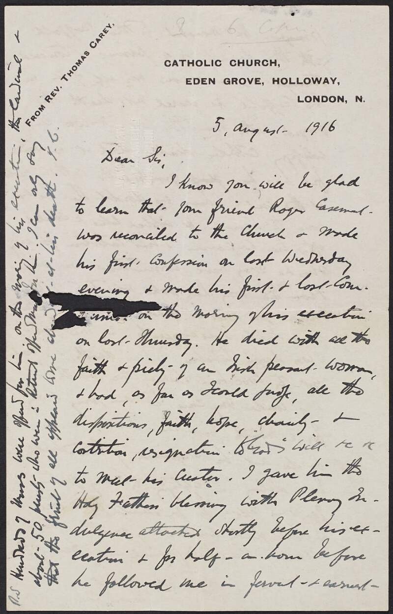 Letter from Reverend Thomas Carey to unknown recipient informing him Roger Casement was reconciled to the Catholic Church prior to his execution and providing him with an insight into Casement's last months and subsequent death,