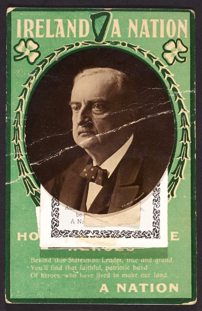 [Souvenir postcard relating to Home Rule, with image of John Redmond, underwhich is folded an article celebrating the introduction of Home Rule]