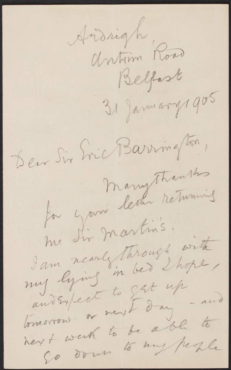 Draft letter from Roger Casement to Sir Eric Barrington regarding his health, the Congo report, the Commission of Enquiry and King Leopold's witnesses,