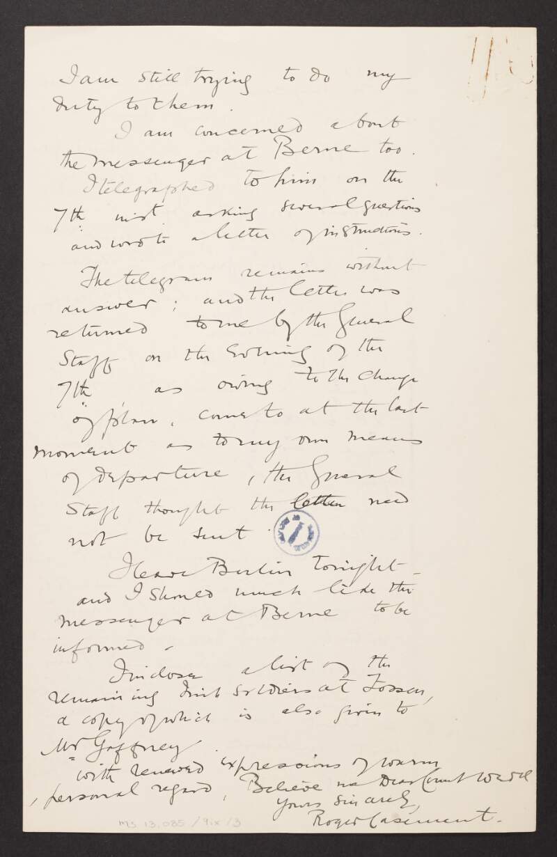 Draft letter from Roger Casement to Count Georg von Wedel making arrangements for the care of the Irish Brigade after his departure from Germany,