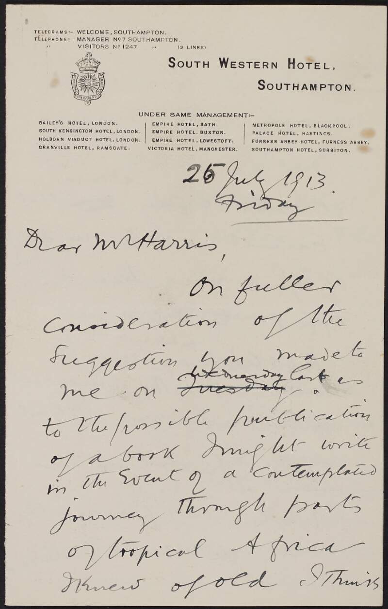 Copy and draft letter from Roger Casement to "Mr Harris" declining the offer to publish a book on tropical Africa,