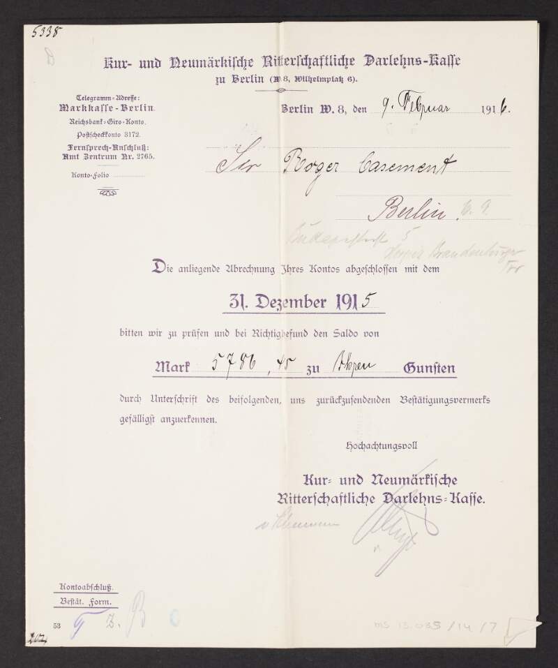 German bank statements of Roger Casement,