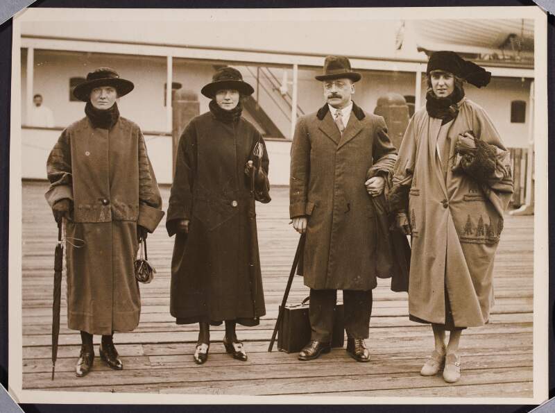 [(l. to r.) Ellie Lyons, Alice Lyons, Arthur Griffith, and Kathleen McKenna, aboard the Curraghmore mailboat]