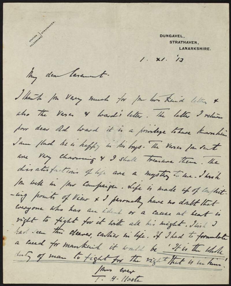 Letter from T. H. Hoste to Roger Casement, thanking him for the letters and verses, and wishing him well in his campaign,