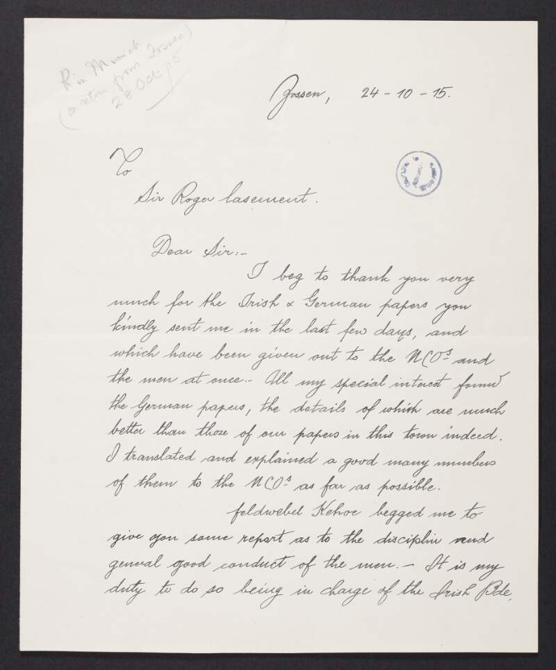 Letter from Louis J. Hahn to Roger Casement regarding disciplinary issues with certain members of the Irish Brigade,