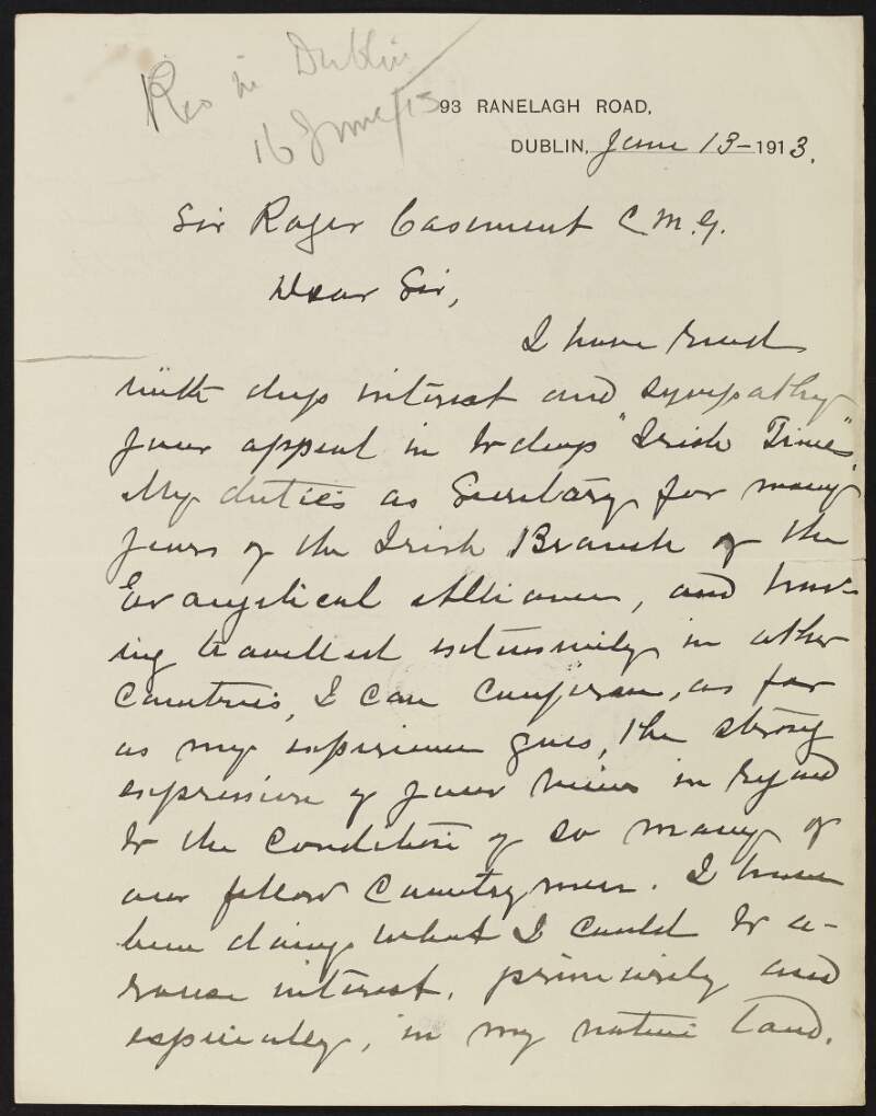 Letter from Reverend David Mullan regarding a letter written by Casement published in 'Irish Times', and the apathy of the Church towards the poverty, suffering and death of Irish people,