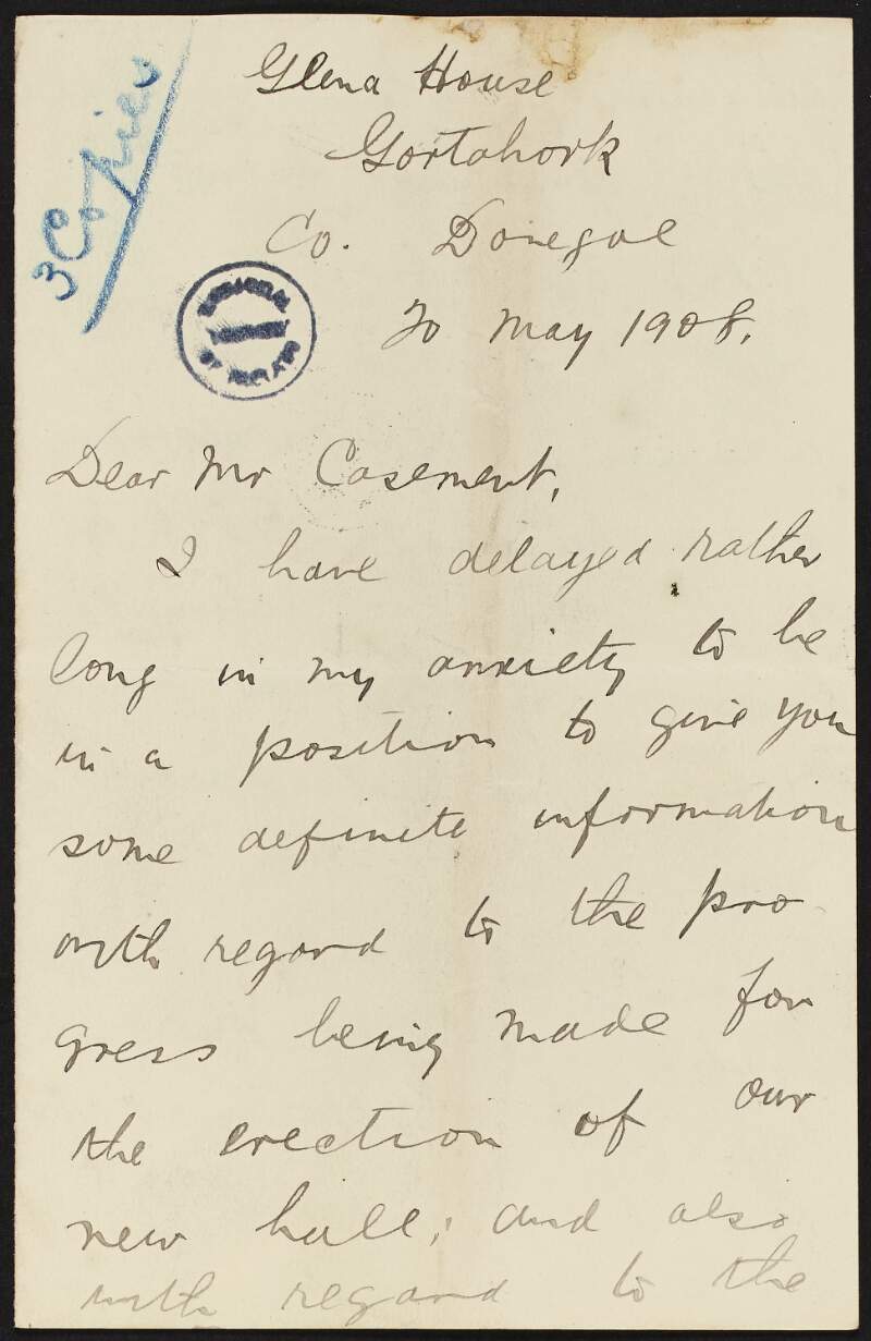 Letter from Reverend John Murray to Roger Casement regarding the progress of the building of their new hall and the sucess of the "Casement Scheme",