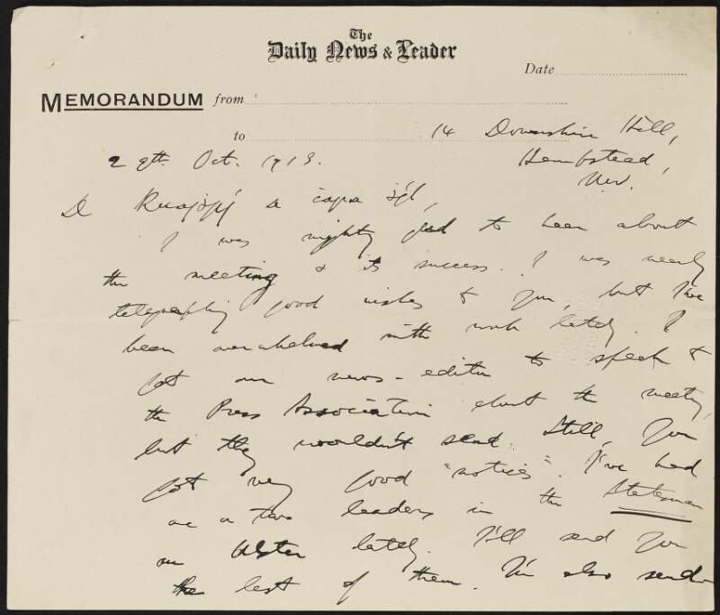 Letter from Riobárd Ua Fhloinn to Roger Casement, discussing the success of Casement's meeting, his attempt to have the meeting publicised to the Press Association, and "leaders" in the 'Statesman',