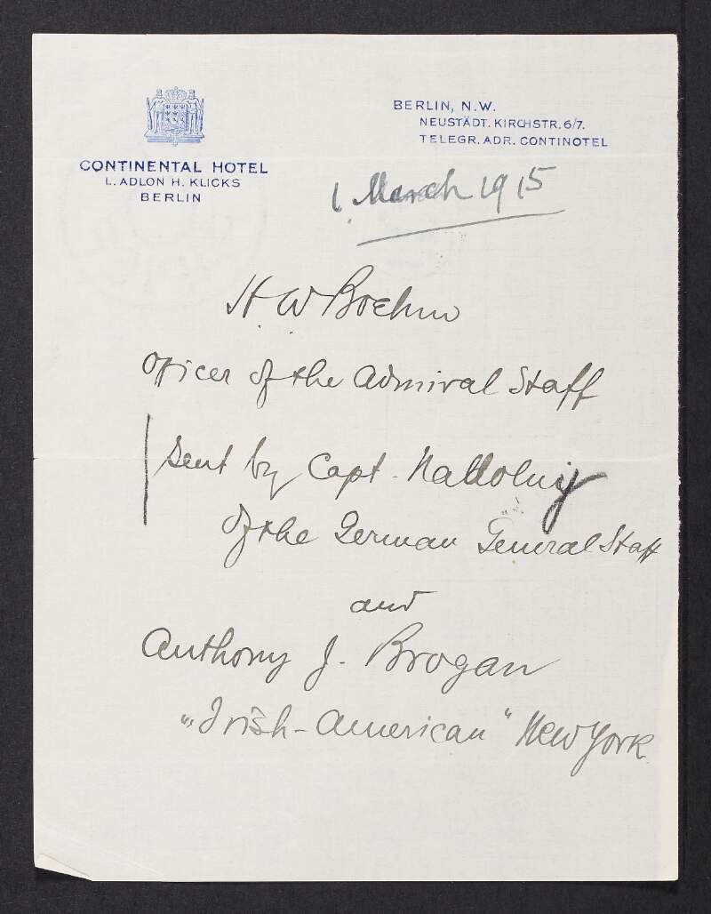 Note by Roger Casement giving details on Hans W. Boehm,