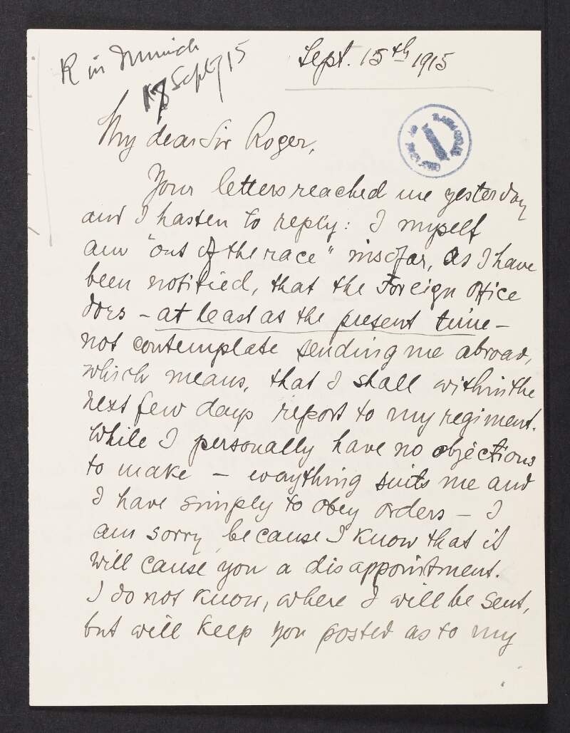 Letter from Hans W. Boehm to Roger Casement regarding his orders to report to his regiment and the possibility of sending the the Irish Brigade to fight in Turkey,